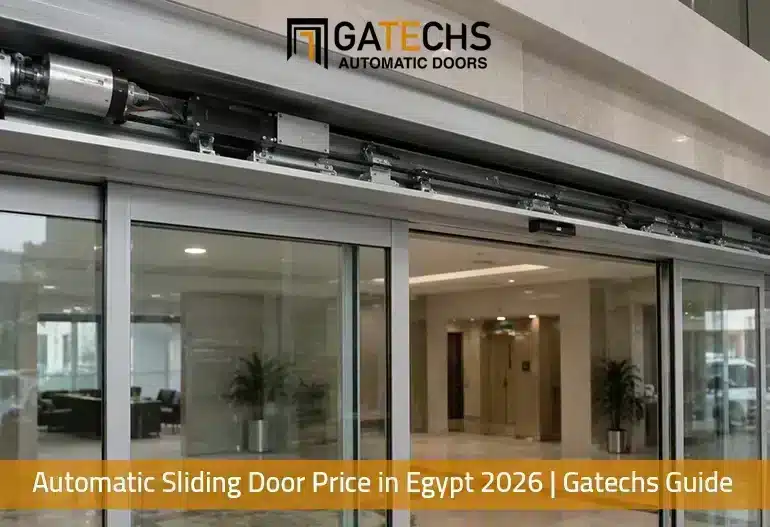Double-leaf automatic sliding door operator with safety sensors installed on a commercial entrance in Egypt
