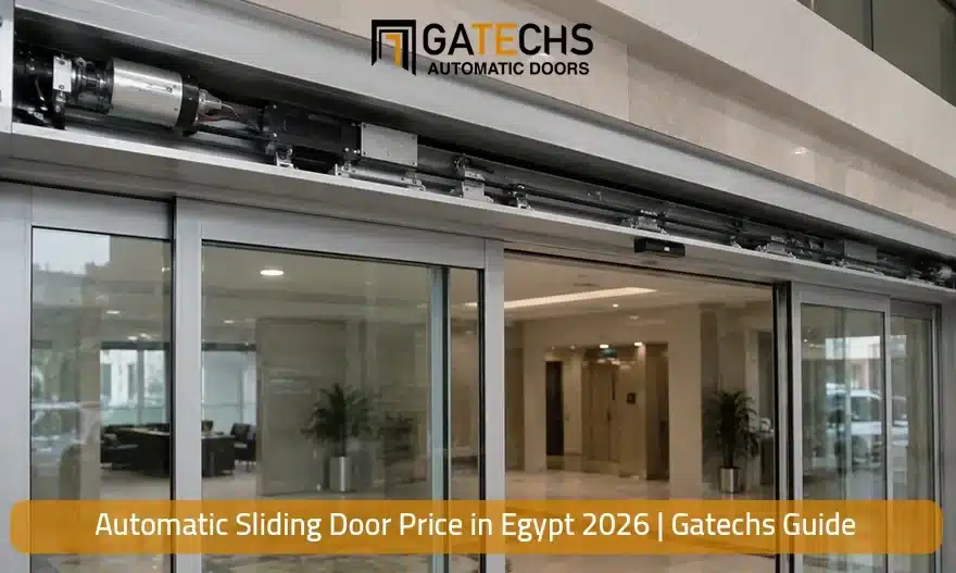 Double-leaf automatic sliding door operator with safety sensors installed on a commercial entrance in Egypt