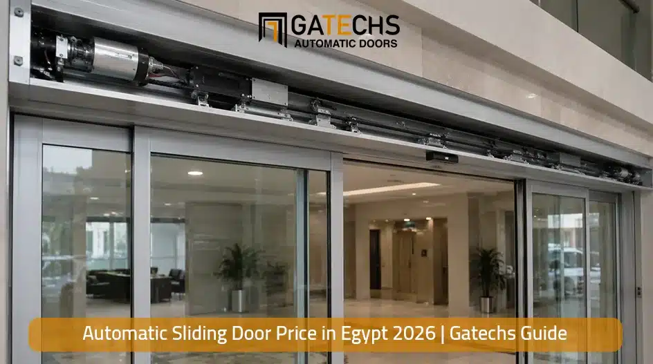 Double-leaf automatic sliding door operator with safety sensors installed on a commercial entrance in Egypt
