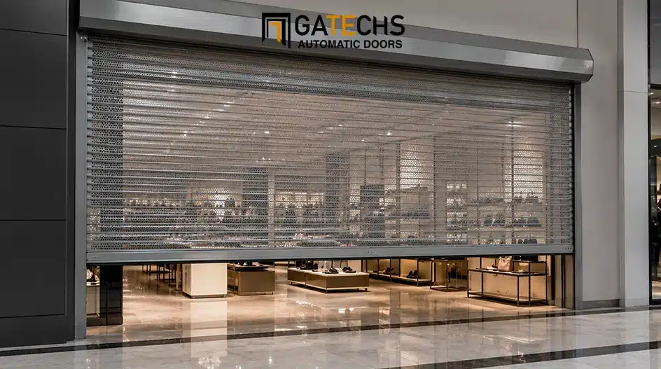 Perforated steel roller shutter door providing after-hours retail security and ventilation