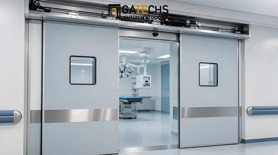 Hermetic automatic sliding door for hospital operating room and cleanroom applications