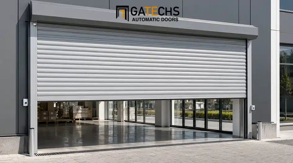 Insulated foam-filled aluminum roller shutter door fitted on a commercial facility