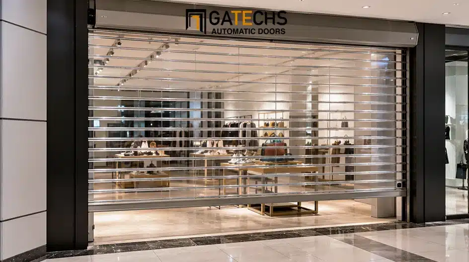 Transparent polycarbonate security shutter door on a retail storefront in a shopping mall