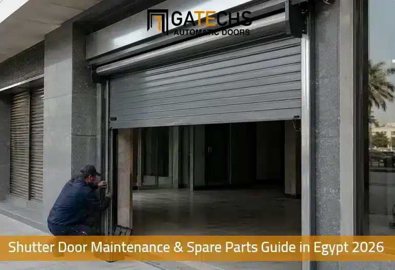Service engineer performing shutter door maintenance on an automatic commercial operator in Egypt