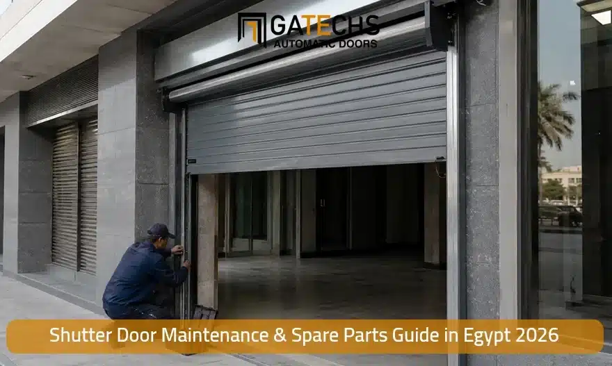 Service engineer performing shutter door maintenance on an automatic commercial operator in Egypt