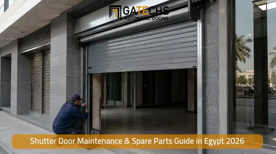 Service engineer performing shutter door maintenance on an automatic commercial operator in Egypt