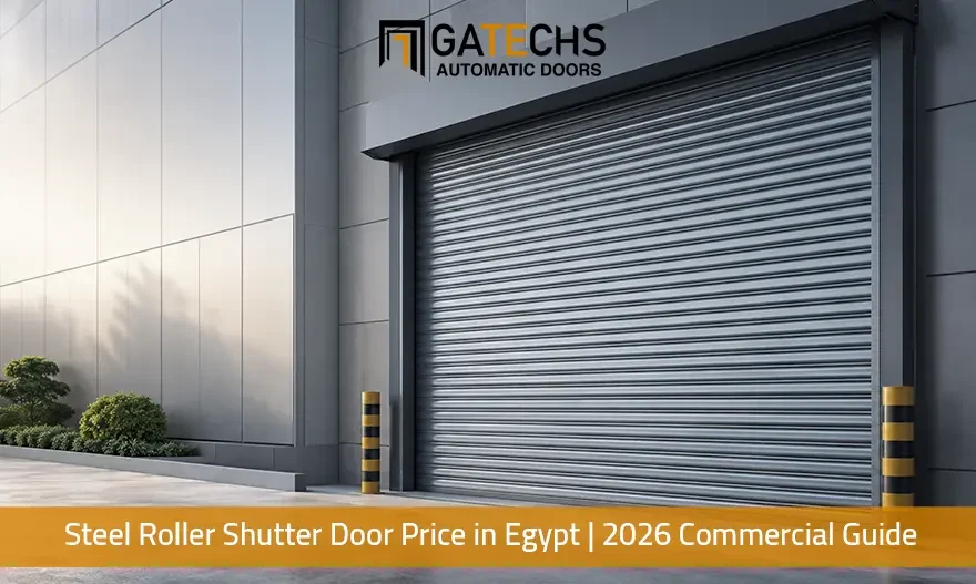 Heavy-duty galvanized steel shutter door installed at a modern commercial facility in Egypt by Gatechs Automatic Doors