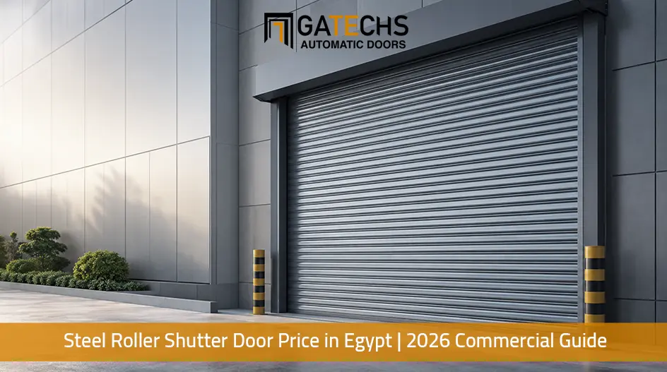Heavy-duty galvanized steel shutter door installed at a modern commercial facility in Egypt by Gatechs Automatic Doors