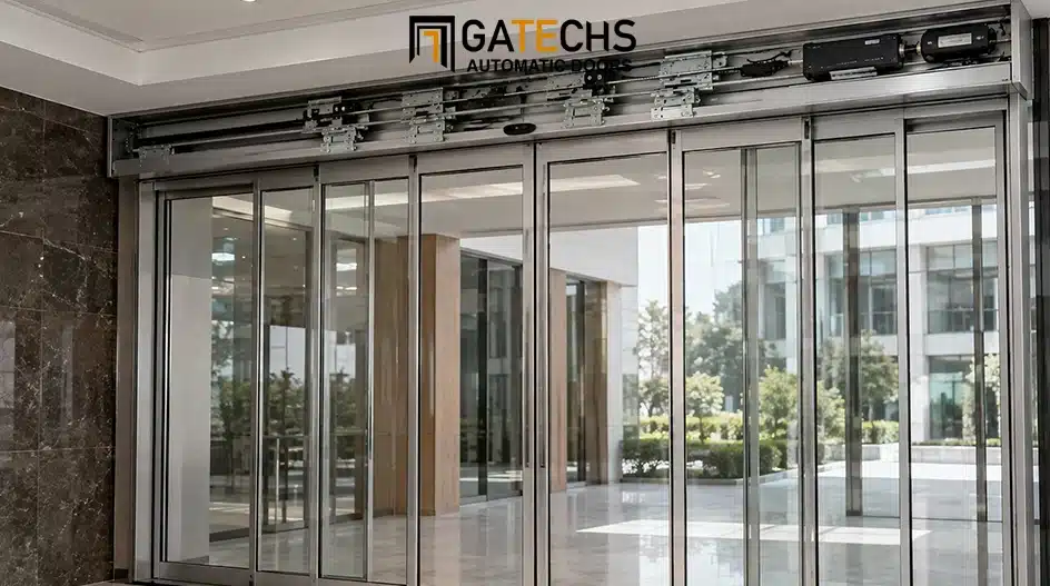 Telescopic automatic sliding door with multiple panels for a wide opening in limited wall space