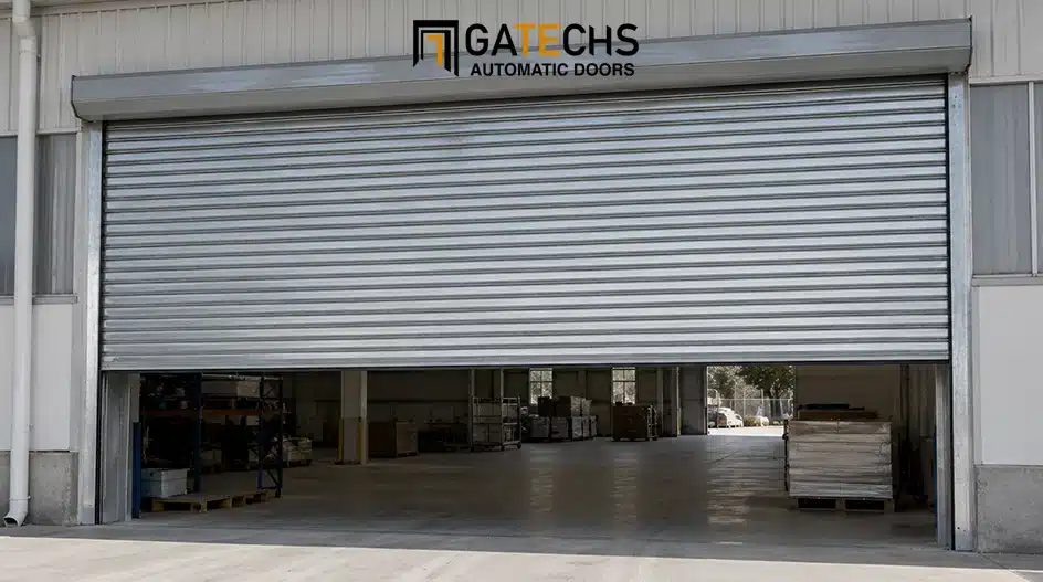 Heavy-duty galvanized steel roller shutter door installed at an industrial warehouse entrance